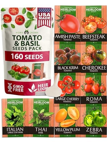 HOME GROWN Heirloom Tomato Seeds for Planting (10pk) w/Basil Seeds, 100% Non-GMO Tomatoes: Cherry, Roma, Beefsteak, Zebra, Yellow Plum, Amish Paste, Cherokee, Krim, Italian Basil, Thai Basil Seed