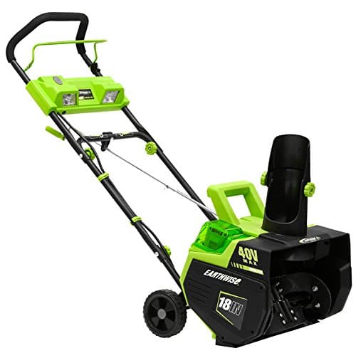 Earthwise SN74018 Cordless Electric 40-Volt 4Ah Brushless Motor, 18-Inch Snow Thrower, 500lbs/Minute, With LED spotlight (Battery and Charger Included), Black/Green